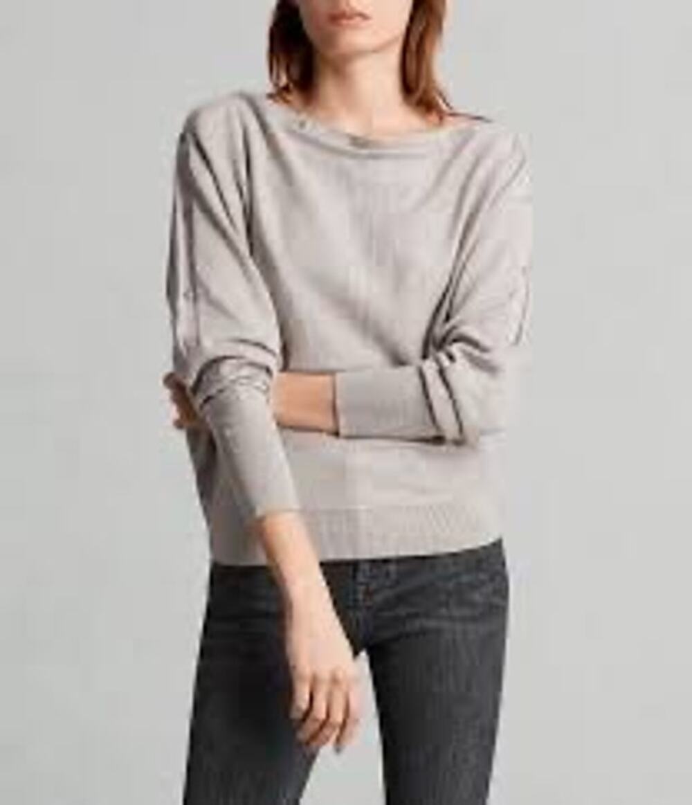AllSaints Elle Cotton Sweatshirt Boatneck Metal Snap Detail SzL Grey Batwing Y2k